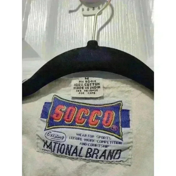 Vintage SOCCO Denim Shirt Adult Medium Blue White Retro 90's Button Short Sleeve - Picture 5 of 7